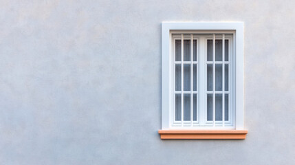 Simple white window with orange sill on a light gray wall.