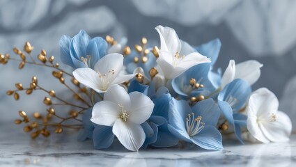 Elegant Blue White Flowers Gold Accents Marble Background.