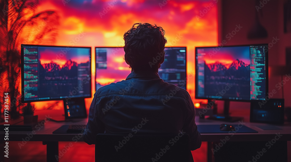 Poster programmer in the red glow: a silhouette of a programmer working late into the night, illuminated by