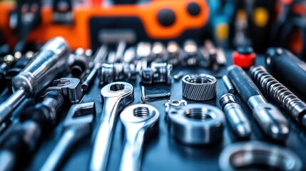 Wrenches, nuts, bolts, and a variety of mechanic tools lying on a workbench in a workshop, featuring a blurred orange power tool in the background, highlight the essence of craftsmanship