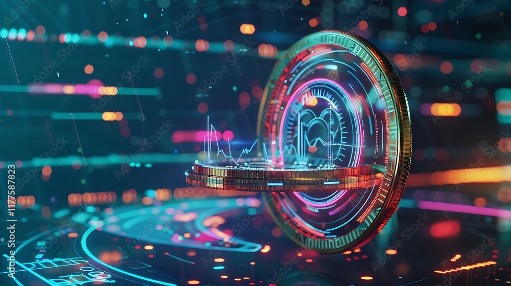 Poster digital coin with a sleek, futuristic design, floating in a holographic display with data charts in 