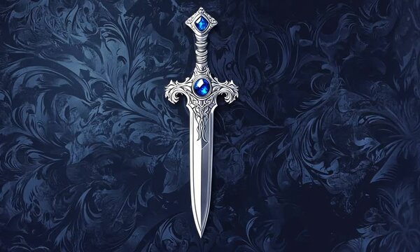Ornate Silver Dagger with Blue Gem Accents on a Dark Background