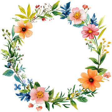 Floral frame with flowers wreath isolated on transparent.