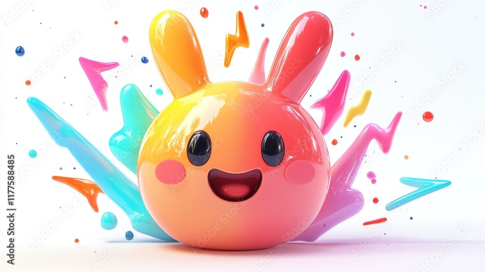 Poster A Vibrant 3D Render of a Smiling Gradient Bunny Surrounded by Playful Geometric Shapes and Colorful Splatters on a White Background