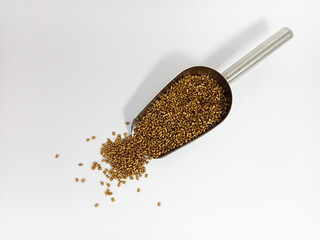 gold color masterbatch, polymer granules carrying gold color pigment inside stainless steel scope, isolated on white background, as catalog banner design for plastic products in manufacturing industry