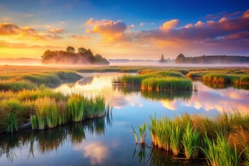 Naklejka premium Misty Marsh at Dawn: Serene Landscape Photography