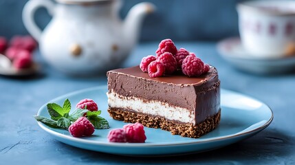 Elegant teapot next to creamy chocolate cheesecake on blue background