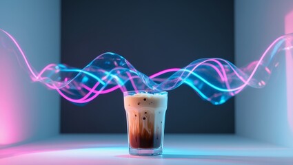 Floating Iced Coffee with Holographic Neon Reflections.
