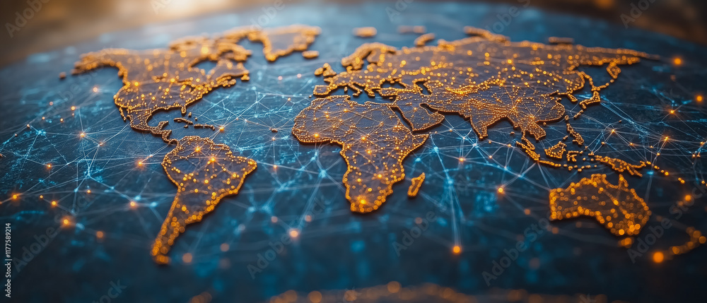 Poster global connectivity: a stylized world map with glowing digital lines connecting continents, symboliz