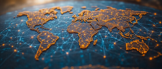 Global Connectivity: A stylized world map with glowing digital lines connecting continents, symbolizing interconnectedness and the power of technology in a globalized world. 