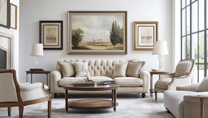 Elegant Living Room Interior Design Sofa Chairs Artwork Lamps