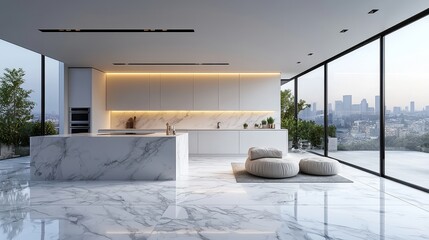 A minimalist kitchen featuring white countertops, concealed appliances, and a streamlined design in an organized space