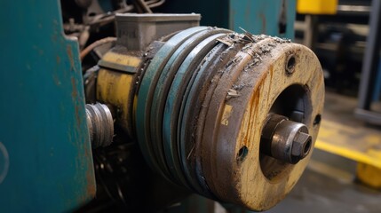 Close up of a dirty industrial machine part showing signs of wear and tear, highlighting the need for maintenance and the harsh conditions of industrial environments