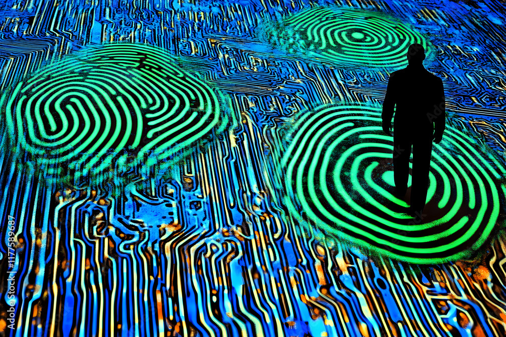 Aufkleber silhouette of a person walking on a futuristic circuit board floor with glowing fingerprint patterns