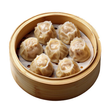 Shumai in bamboo steamer, siu mai, dim sum, Chinese food, isolated on white transparent background, menu photography, food photography