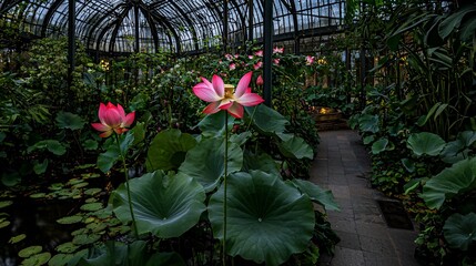 soft-focus image of a blooming lotus flower surrounded by lush greenery, symbolizing peace and tranquility in a religious setting. Lotus 