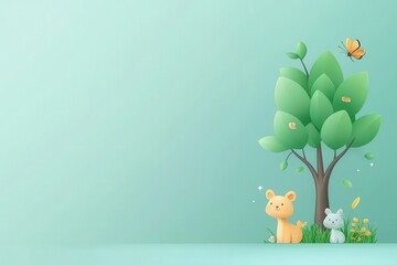 Fototapeta premium Charming cartoon forest with adorable animals digital artwork eco-friendly environment whimsical viewpoint nature concept