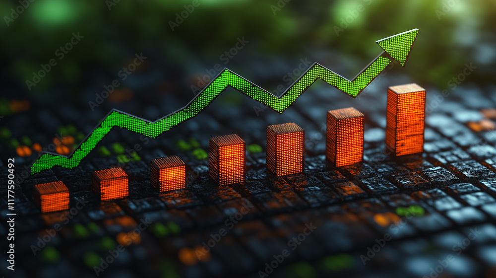 Poster rising above: growth and progress visualized with a dynamic upward-trending graph and rising bars, s
