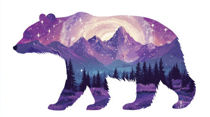 Colorful bear silhouette with galaxy landscape and mountains