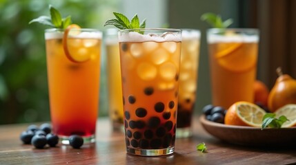 Colorful beverages with fruits and bubbles served on a wooden table in a bright setting