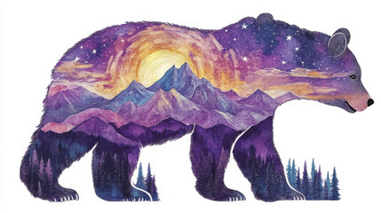 colorful bear silhouette filled with starry night sky and mountains, creating stunning visual effect