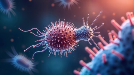 Fototapeta premium Microscopic view of a virus interacting with host cells in a laboratory setting