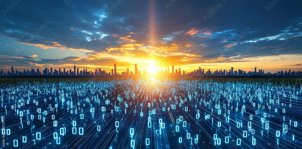 Poster abstract highway path visualized in 3d, traversing through digital binary towers within a cityscape.