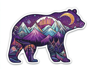 Colorful bear illustration with mountains and night sky design