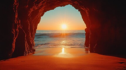 Sunset through a beach cave.