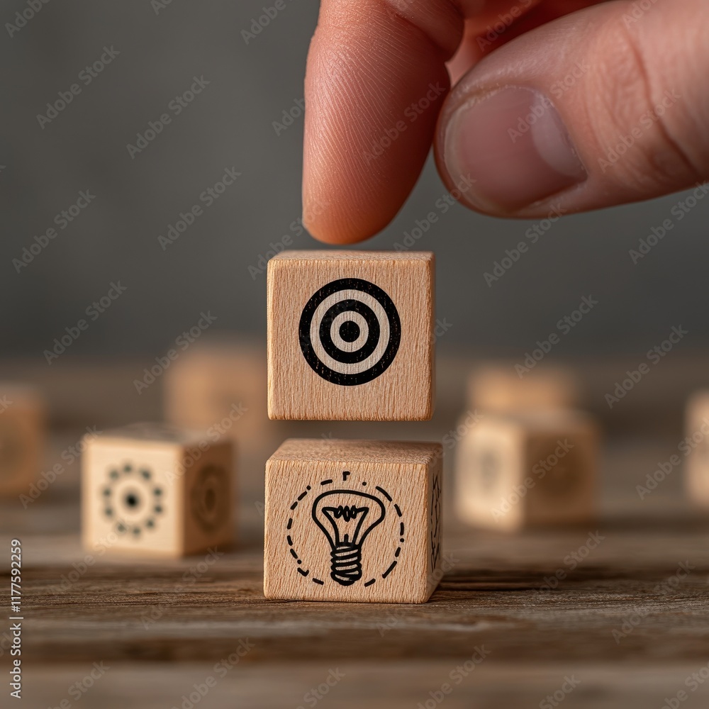 Poster hand holding block with lightbulb and target icon