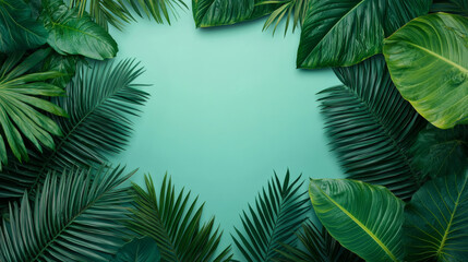 Lush green tropical leaves frame on teal background.