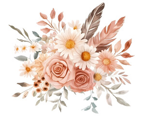Fototapeta premium Bouquet of roses and feather isolated on transparent.