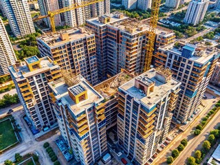Fototapeta premium Modern High-Rise Residential Building Construction Site Minimalist Aerial View