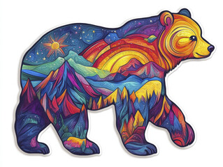 Colorful bear illustration with vibrant mountains and stars, artistic design
