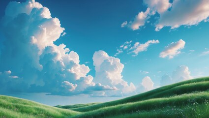 Lush green grass landscape under a vibrant blue sky with fluffy clouds for nature scenery and outdoor themes