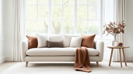 A bright living room with large windows, neutral walls and Scandinavian-style furniture, accent blankets and textiles in mocha mousse color 