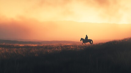 Fototapeta premium Lone Rider at Sunset Across a Vast Prairie