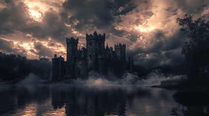 Naklejka premium A medieval castle surrounded by dark, ominous clouds and a reflective body of water during twilight