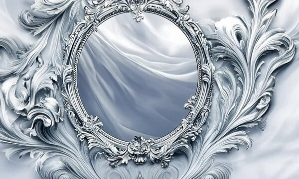 Ornate silver frame encircles flowing silk, set against sculpted rococo flourishes.