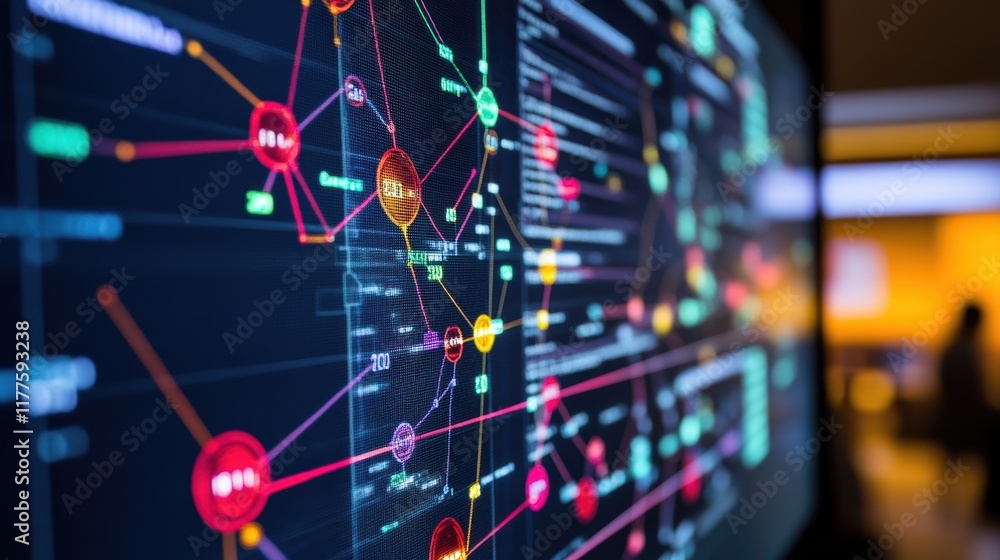 Poster manufacturing process management software is displaying colorful numbers and connections on a large 