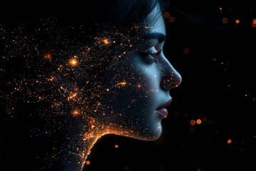 Obraz premium An illustration of a human head with glowing neurons in the brain, conveying an esoteric and meditation idea, signifying a connection to other realms. Created with Stock