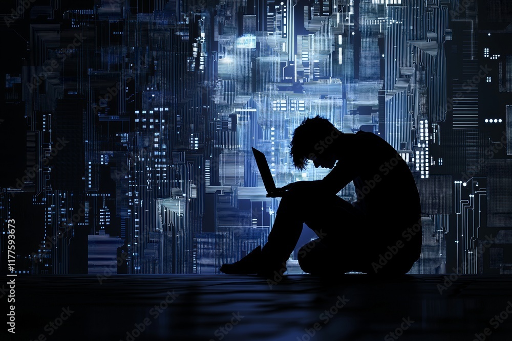 Poster a man interacts with a laptop and digital tablet connected to the internet amidst a backdrop of digi