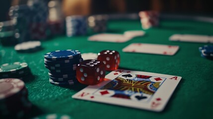 A vibrant casino table showcases an array of colorful poker chips, dice, and playing cards. The atmosphere is charged with anticipation as players prepare for an engaging game night