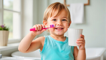 Happy child brushing teeth with a pink toothbrush in the bathroom, dental care, dentist day