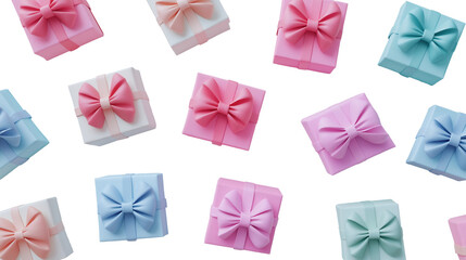 Assortment of pastel gift boxes with bows image isolated transparent. Celebration, holiday promotion cut out photo png. Special occasion giftboxes cutout element object photography