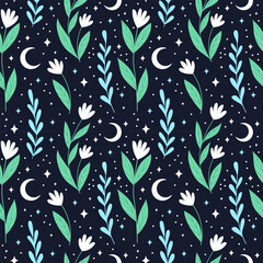 magical seamless pattern with moon, flowers and stars. Mystical esoteric background 