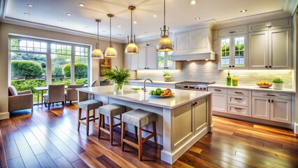 Fototapeta premium Modern Kitchen Island: Elegant Design, Functional Space, Trendy Fixtures, Meal Prep