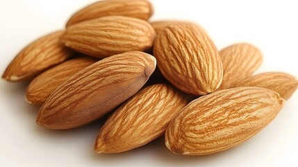 Fototapeta premium A pile of raw almonds on a white plate with a white background