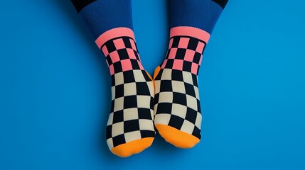 Fleece lined socks with checkerboard pattern on blue background