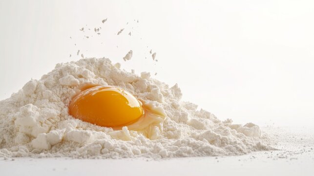 An egg yolk rests on top of a pile of flour, signaling the start of a baking project. The clean white background emphasizes the bright yellow yolk in the flour - Powered by Adobe